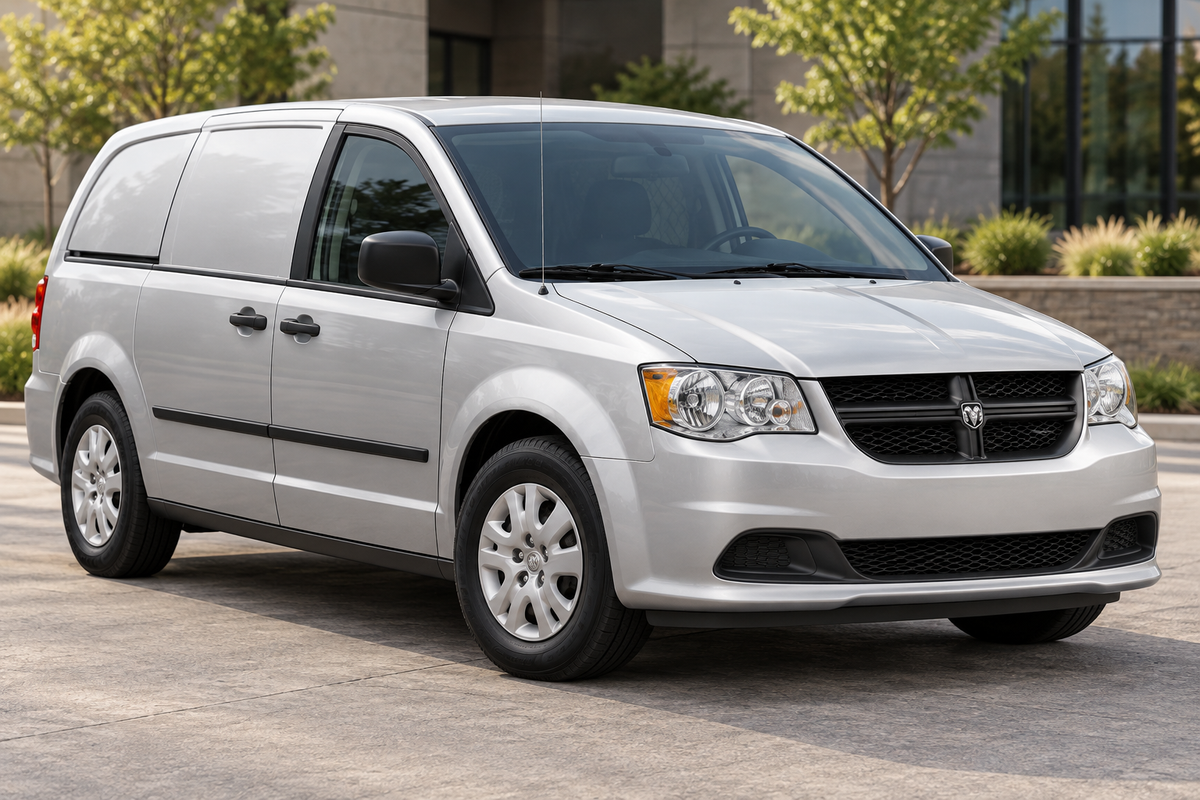 Illustration of a silver Ram C/V cargo minivan, front three-quarter view.